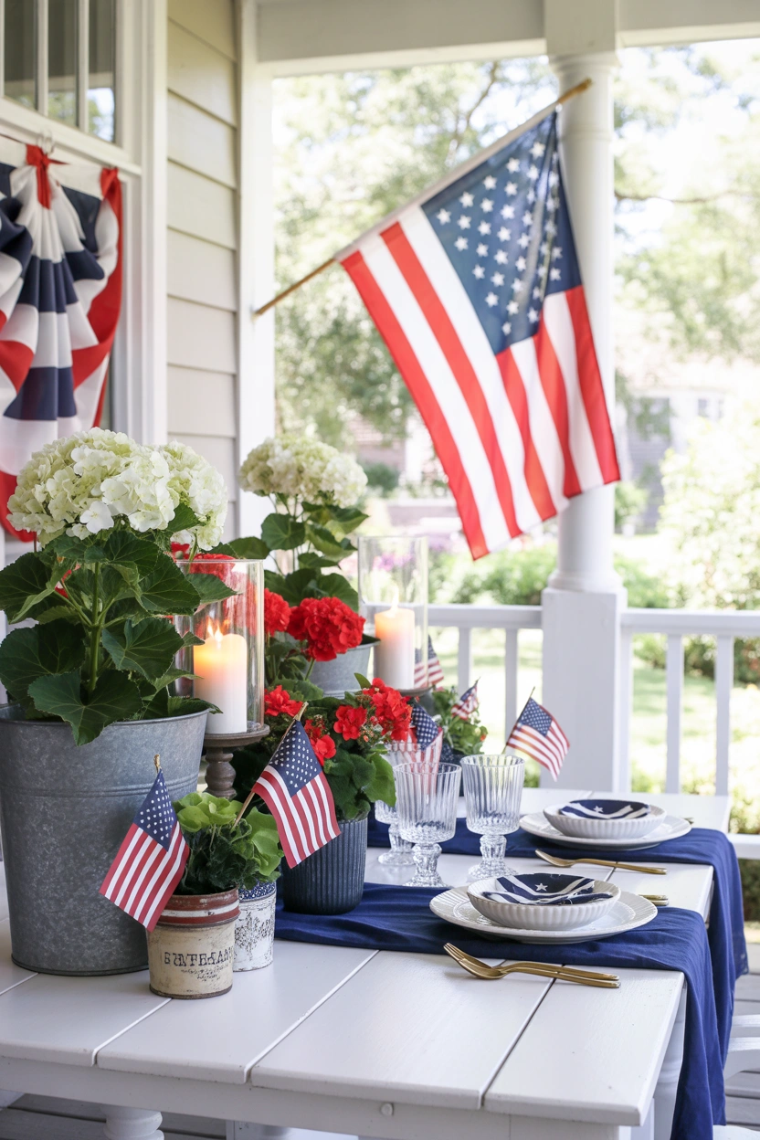 Chic Fourth of July home decor with patriotic porch decorations, table styling, and elegant red white and blue accents