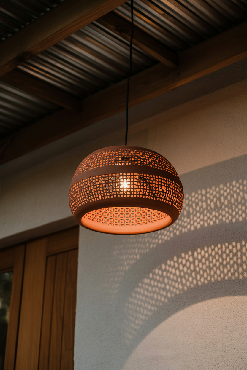 Handmade perforated clay pendant light casting shadow patterns on a white stucco wall in a Mexican-inspired interior