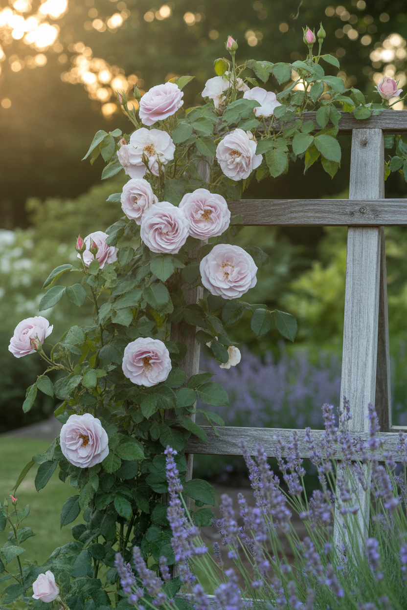 Pale pink climbing roses trained over a wooden arch in an English cottage garden with lavender below