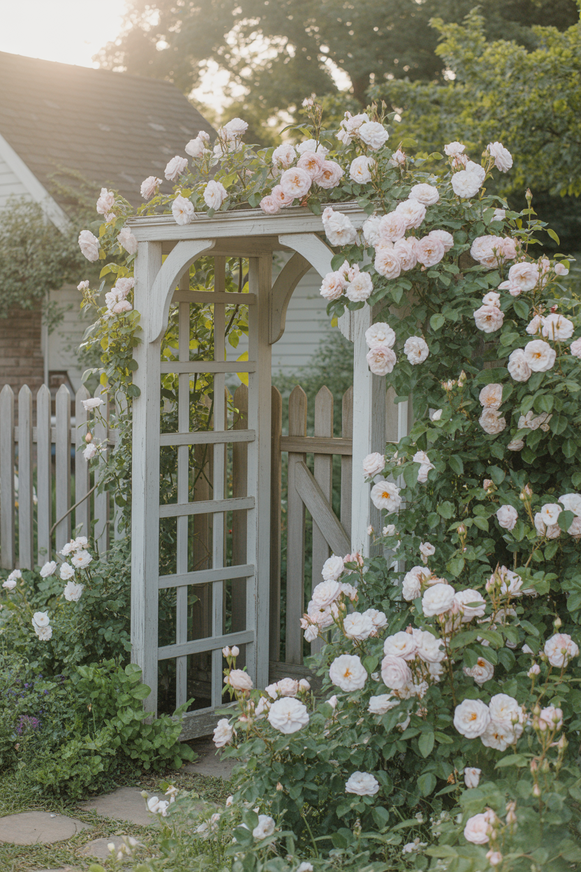 Pink climbing roses covering a romantic cottage garden arch