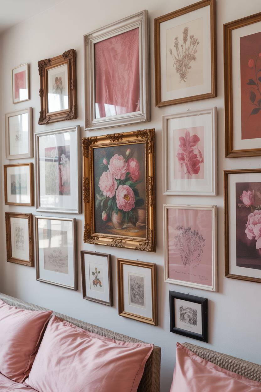 Clustered pink toned artwork gallery with mixed mediums in small bedroom