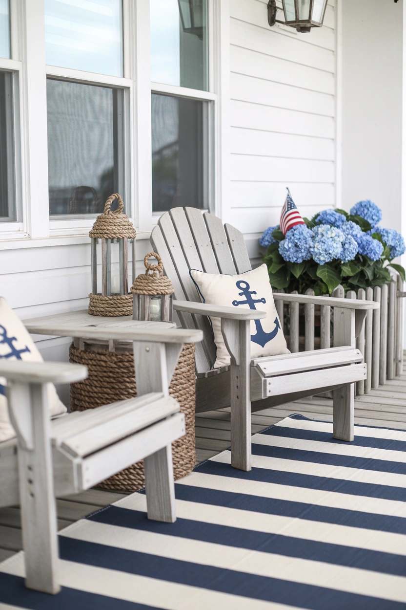 Fabric patriotic bunting draped along a white porch railing with pennant garland for 4th of July outdoor decorations