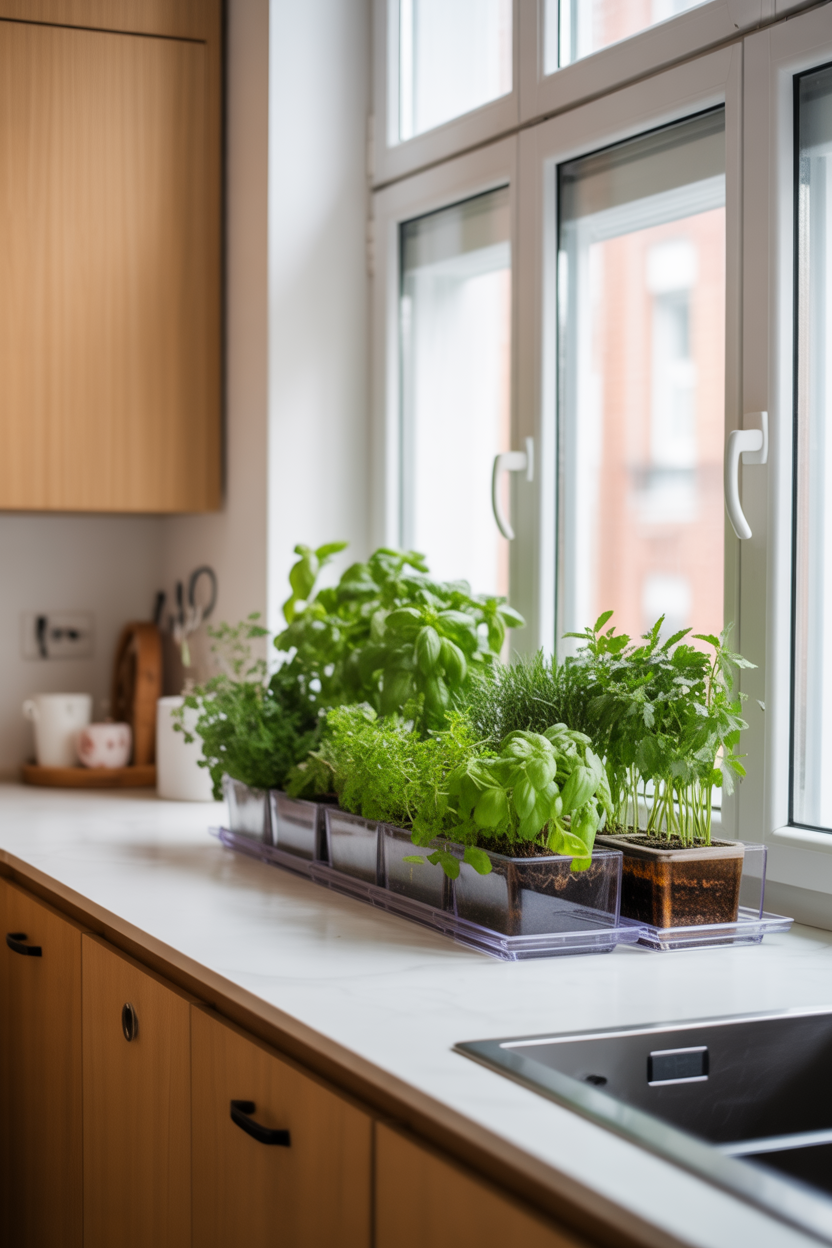DIY self-watering herb planters made from plastic bottles on kitchen windowsill for a low-maintenance herb garden