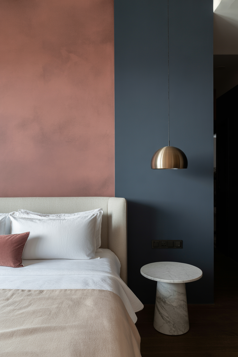 Color-blocked bedroom wall with dusty pink and periwinkle blue — modern pink and blue bedroom decorating idea