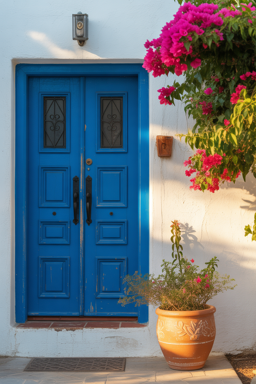 Bright cobalt blue painted Mexican-style door with distressed finish and pink bougainvillea on a white stucco exterior