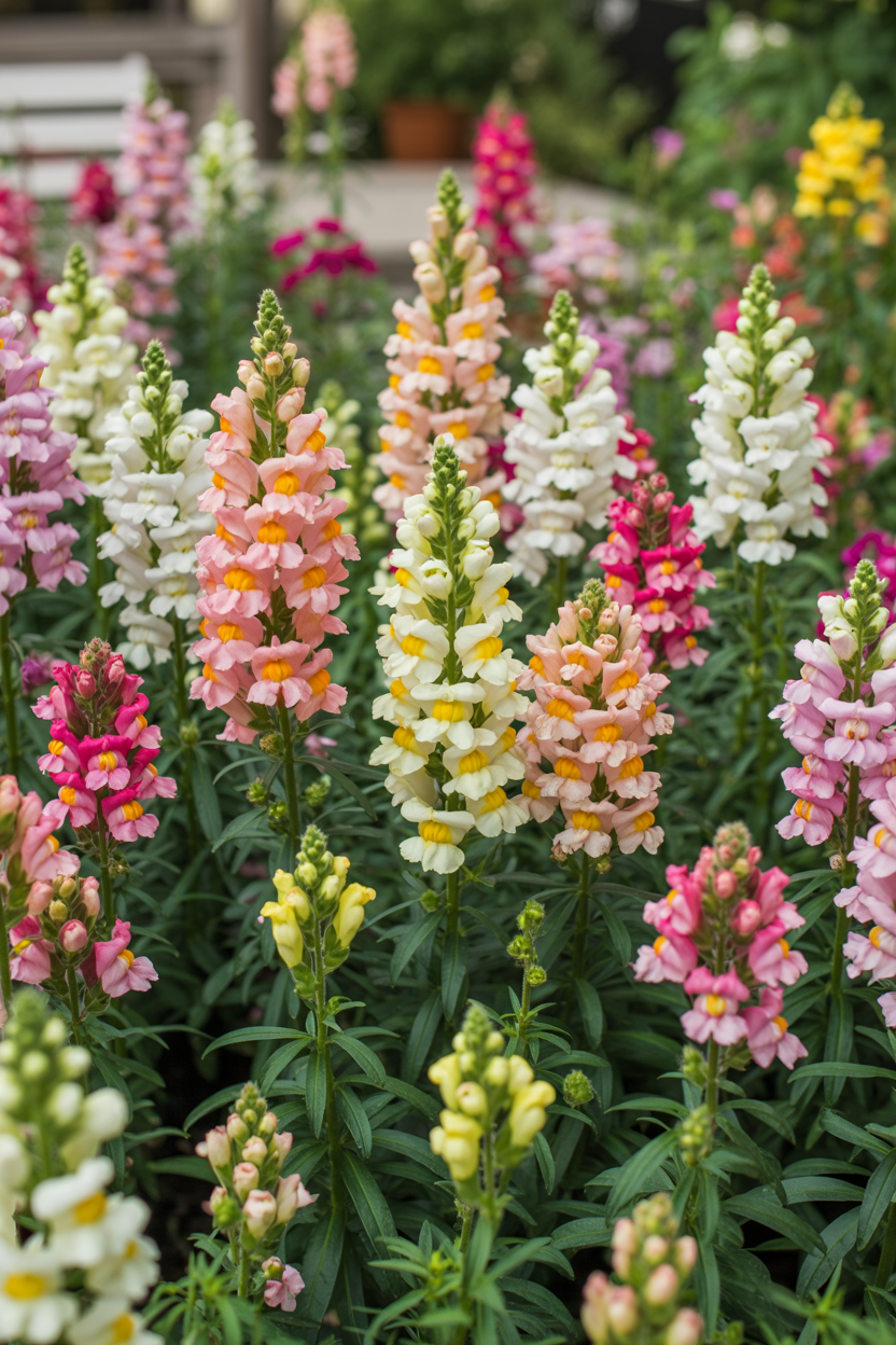 Bright snapdragon flowers in a whimsical fairytale garden