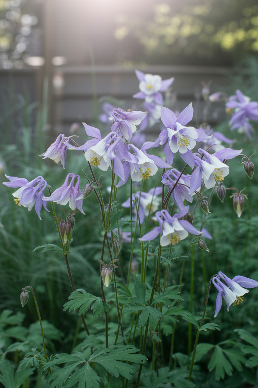 Delicate columbine flowers in a dreamy fairy garden