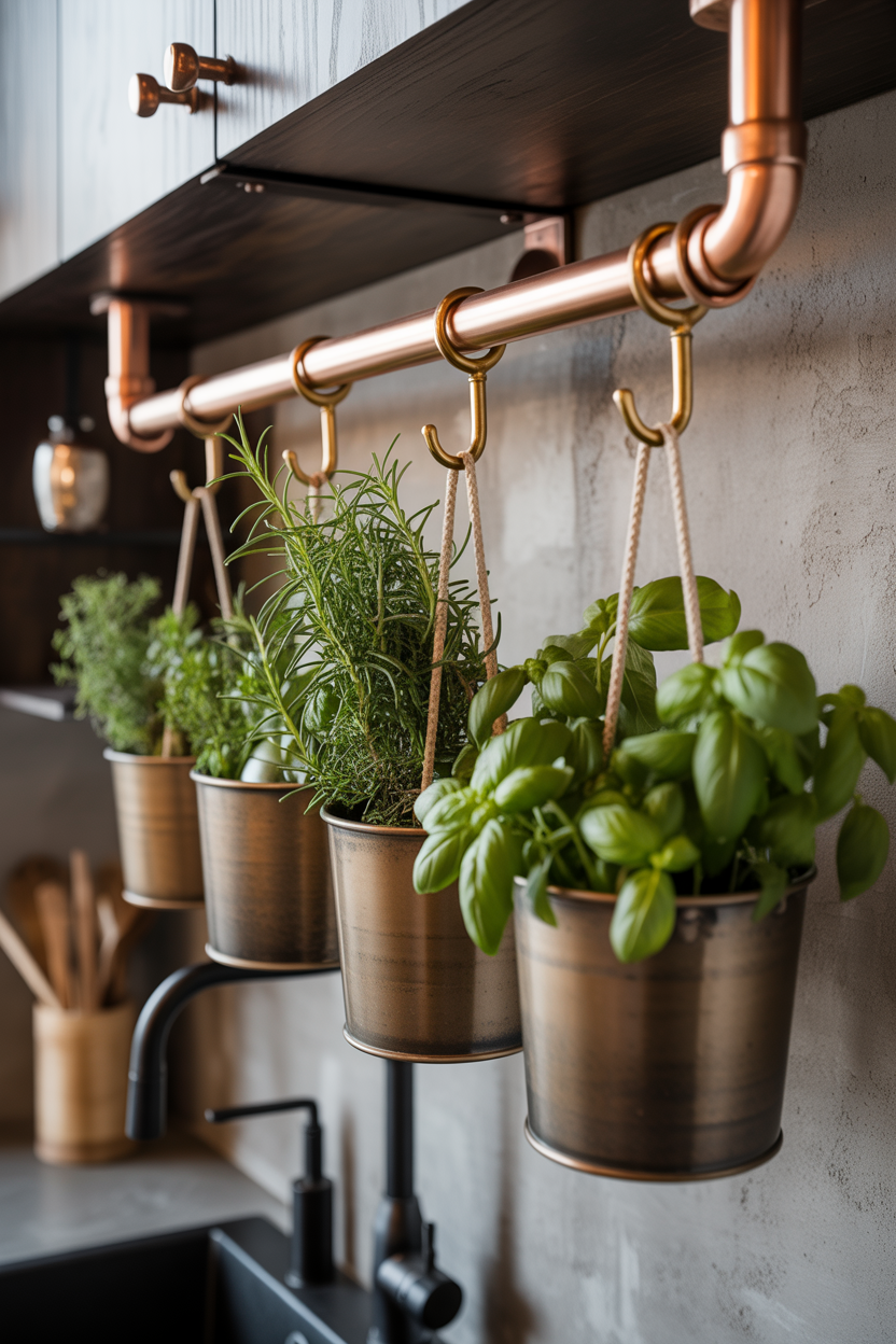 Copper pipe hanging herb garden rail with ceramic pots in modern industrial kitchen