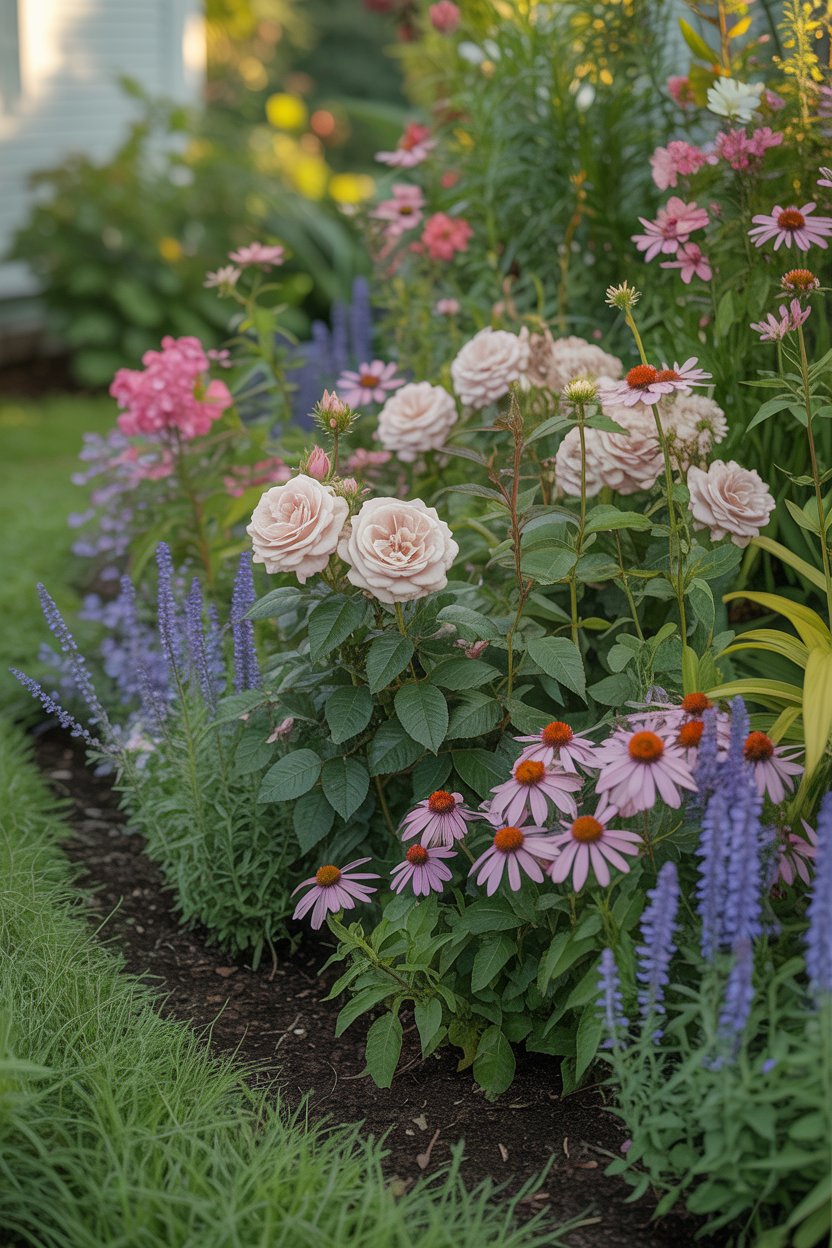 Cottage garden corner border anchored by shrub rose with echinacea, phlox, and salvia in layered planting