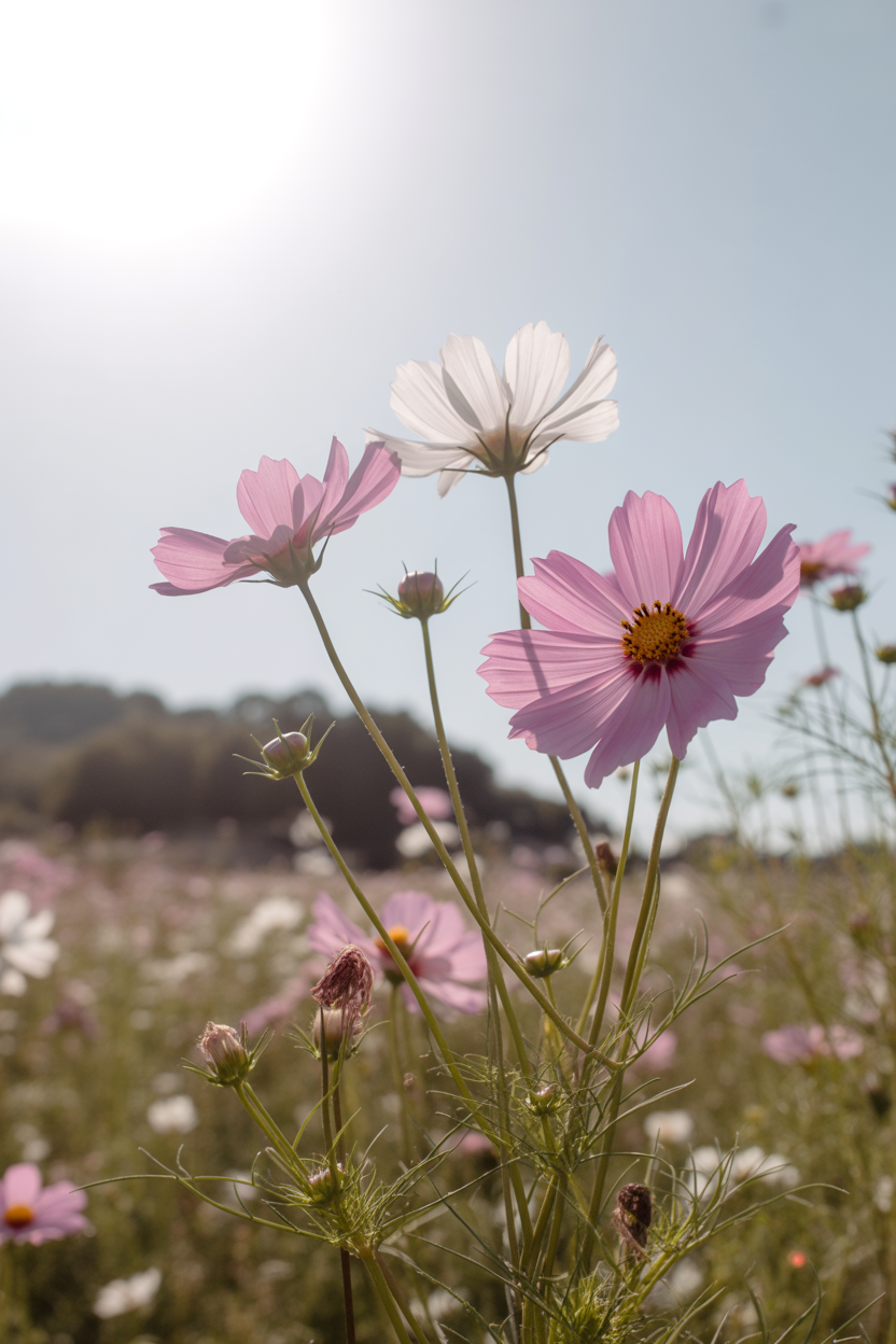 Cosmos flowers growing in a full sun summer garden with a soft wildflower look