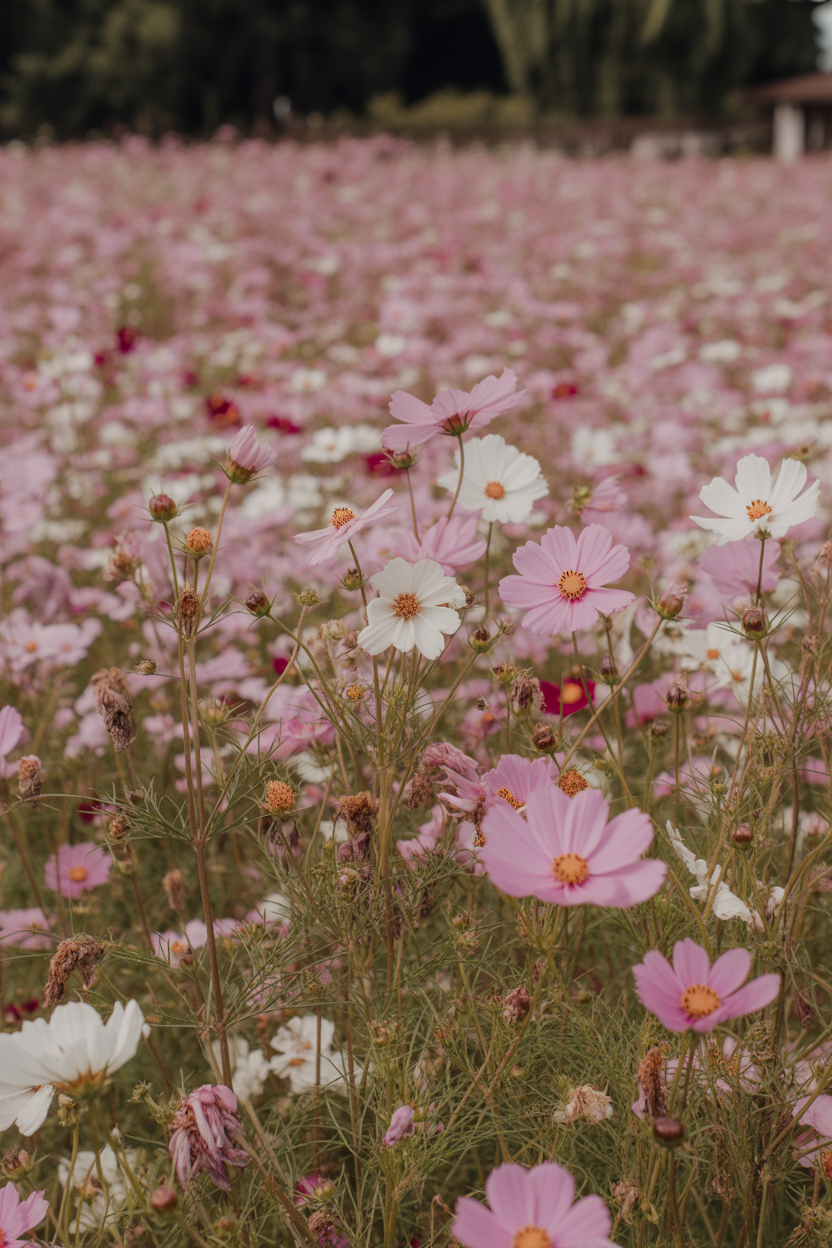 Pink and white cosmos flowers creating an airy wildflower effect in a summer cottage garden border