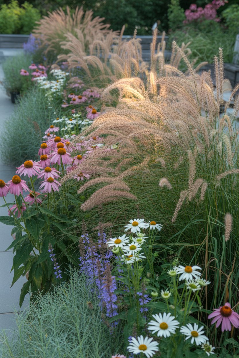 Modern cottage garden border with billowing ornamental grasses mixed with flowering perennials