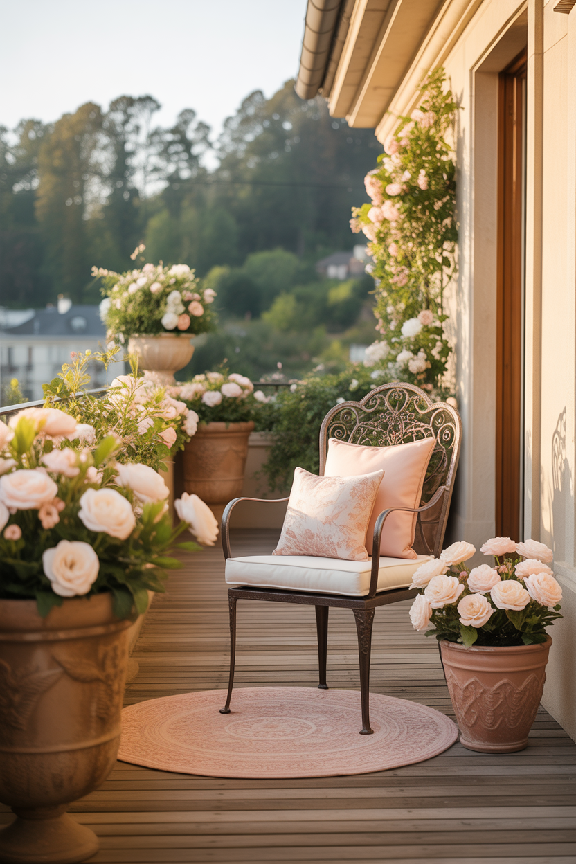 Romantic cottage garden balcony with climbing roses, lavender, terracotta pots, and a wrought iron chair