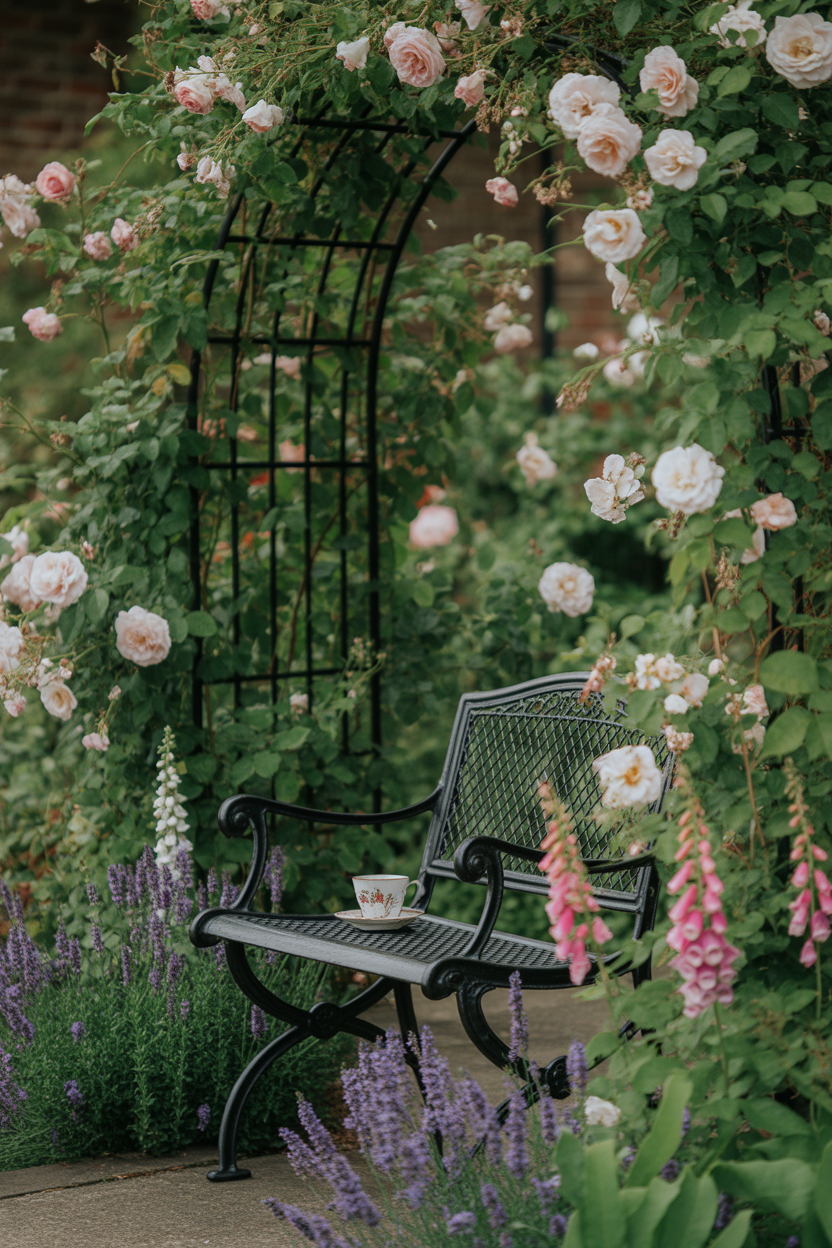 Vintage iron garden bench surrounded by roses lavender and foxgloves in secret cottage garden spot