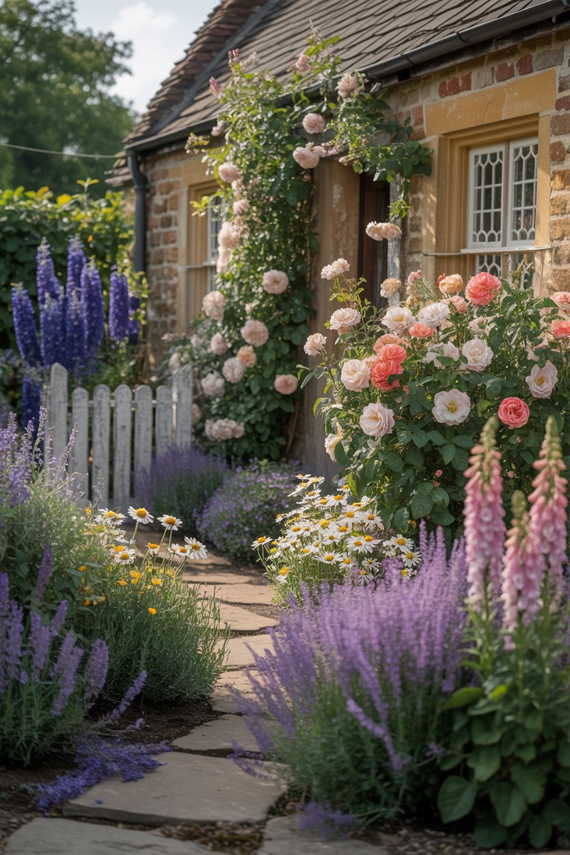 Beautiful cottage garden filled with colorful flower borders and romantic flowers