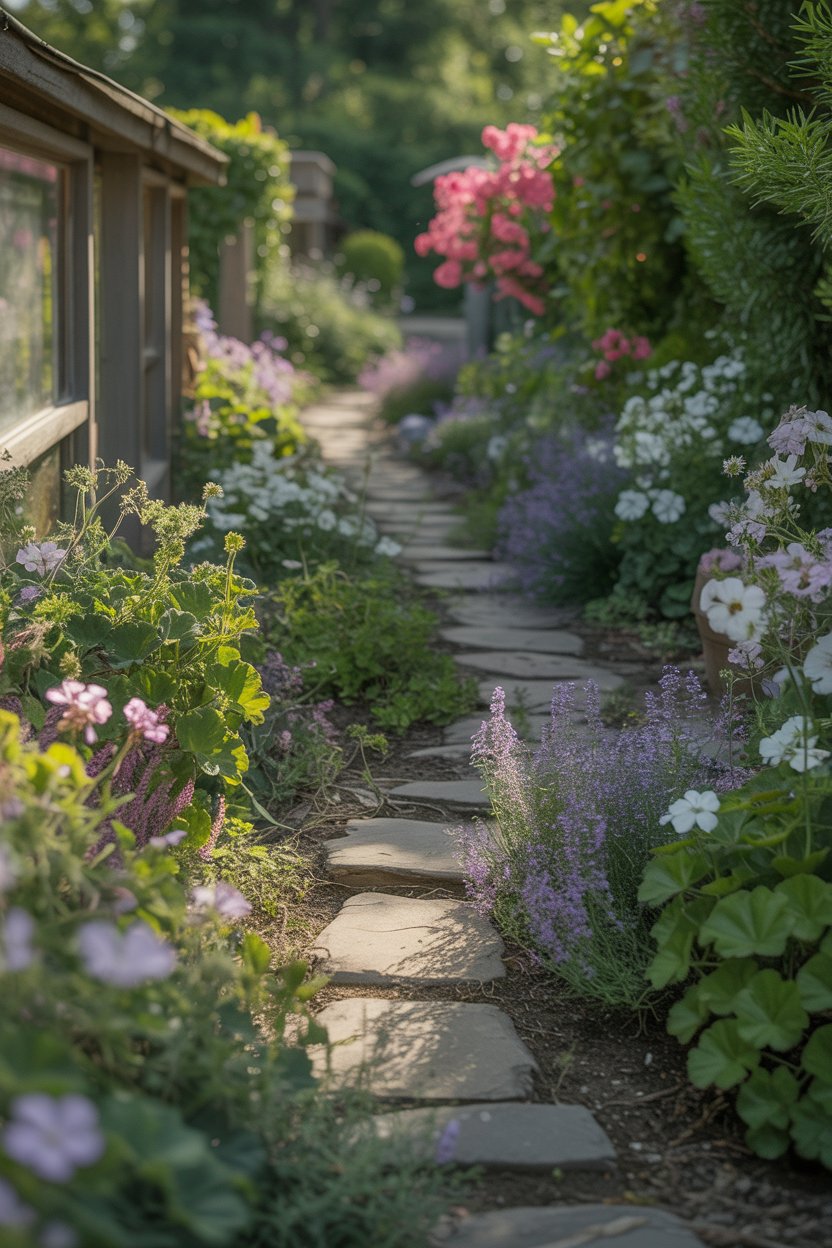 Cottage garden path bordered by flowers including alchemilla, geraniums, and lavender spilling over edges