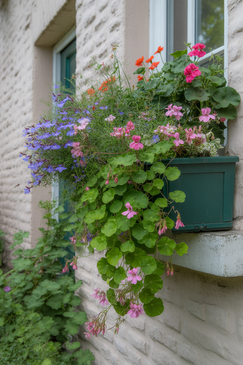 Overflowing cottage window boxes with geraniums, lobelia, and nasturtiums on the stone cottage wall