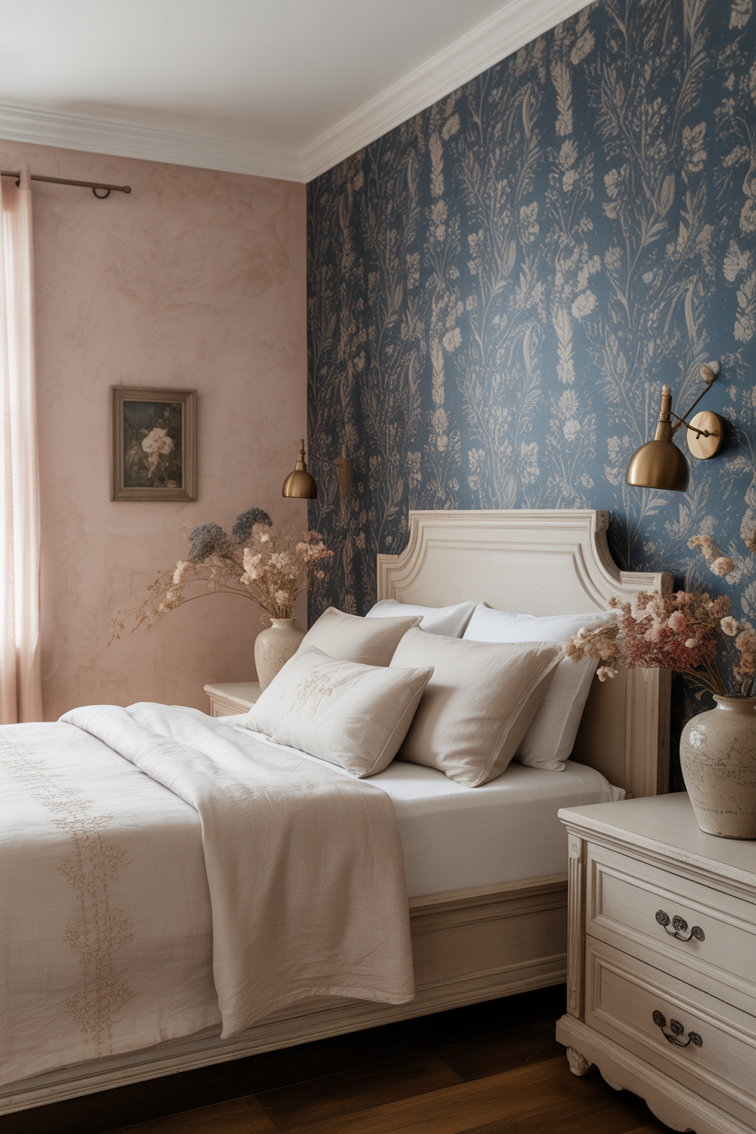 Cottagecore bedroom with blush pink walls and blue botanical floral wallpaper — romantic bedroom decor idea