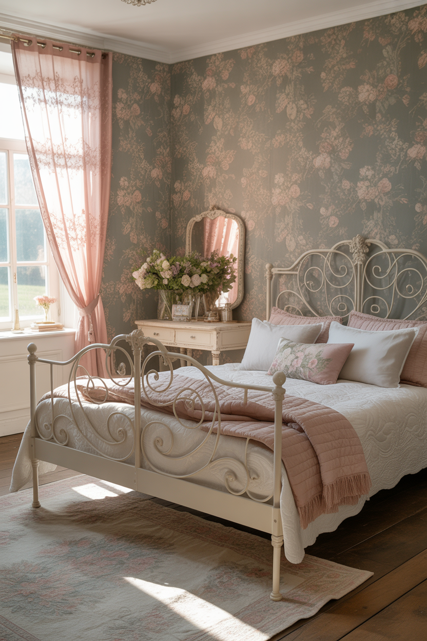 Cottagecore pink and green bedroom with floral wallpaper and white iron bed for a romantic storybook aesthetic