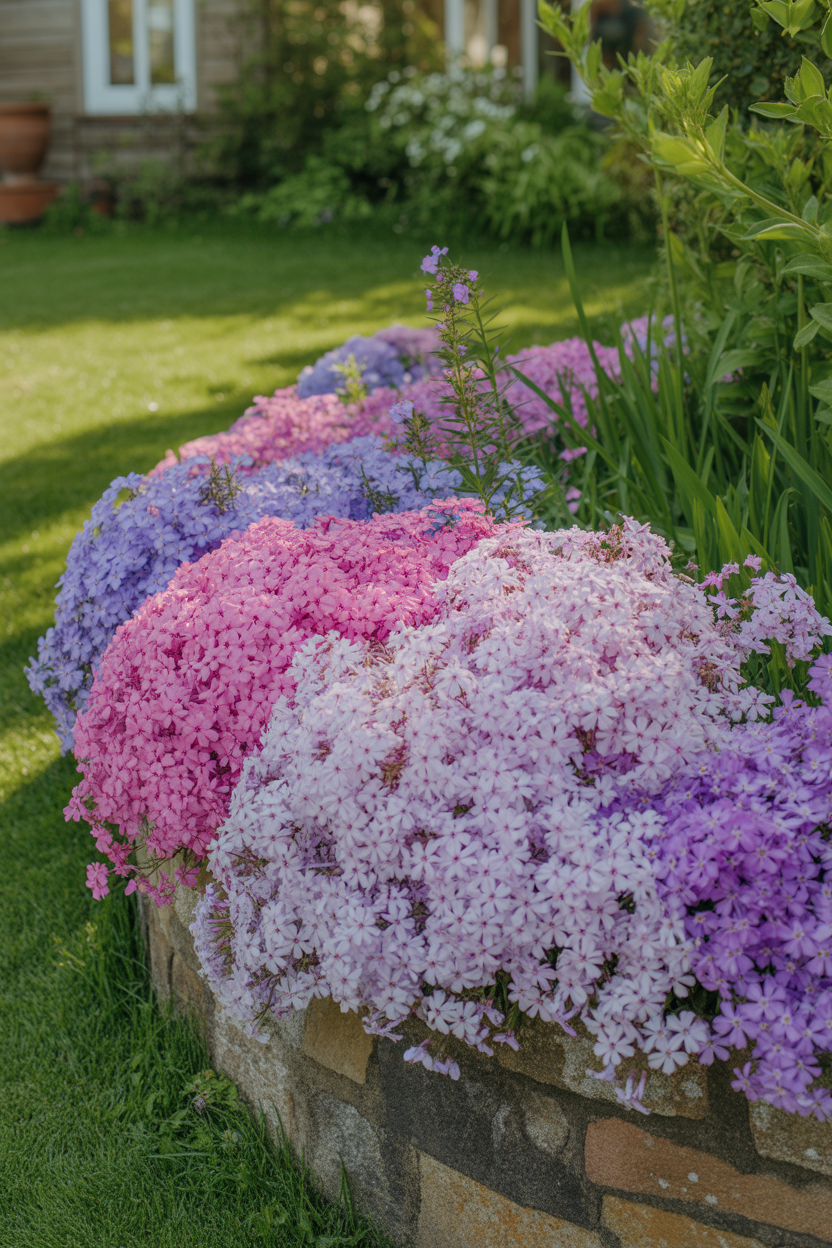 Creeping phlox blooming in pink and purple as a low-growing ground-hugging shrub spilling over a cottage garden wall