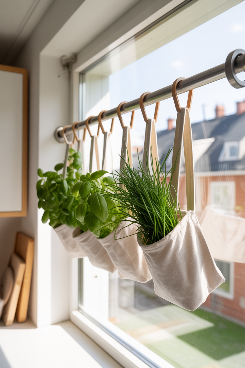 Renter-friendly curtain rod herb hanger in apartment kitchen window with fresh herbs