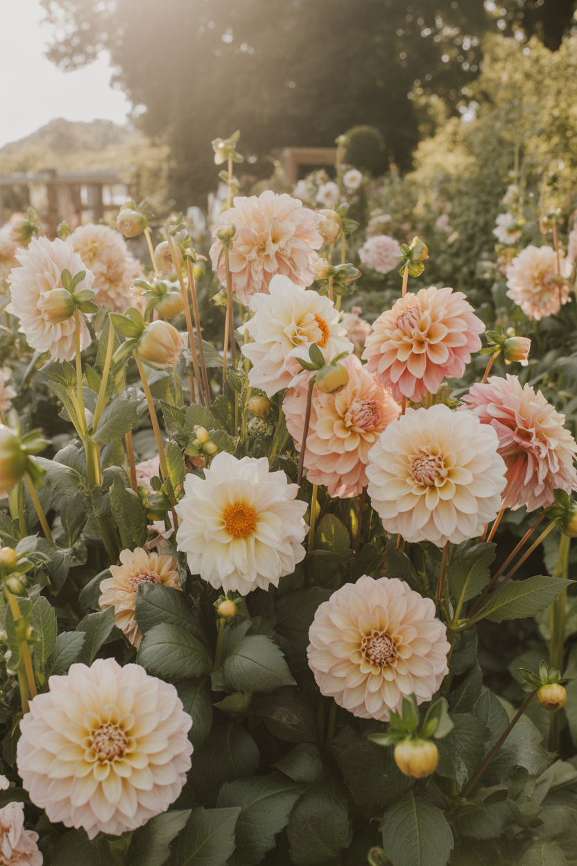 Creamy peach cafe au lait dahlia flowers blooming in a romantic summer cottage garden border
