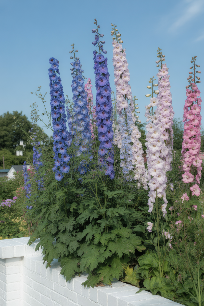 Tall blue and purple delphinium flowers growing in a classic English cottage garden border