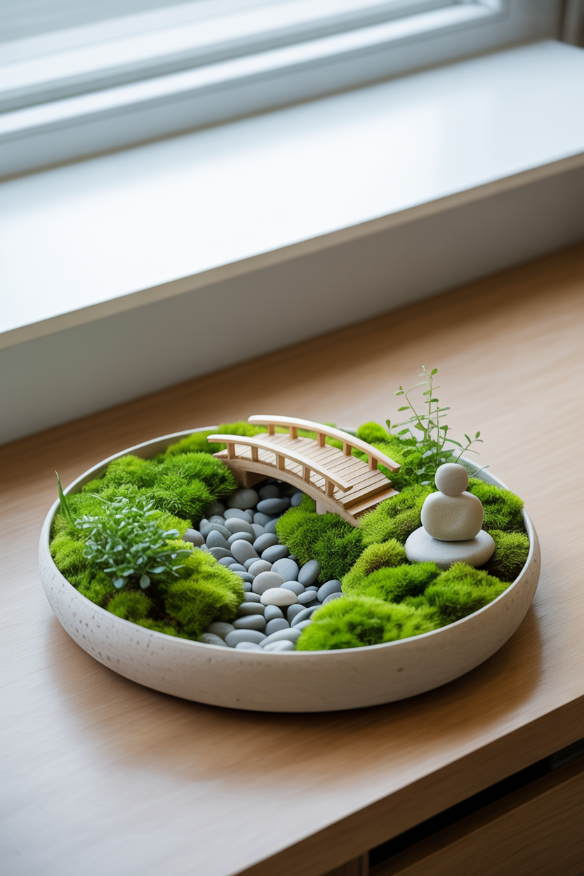 Miniature zen fairy garden with baby tears plant in a white bowl on a wooden desk