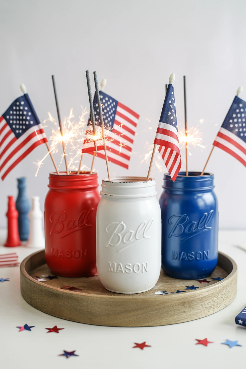 DIY dollar store 4th of July mason jar decor with painted jars filled with flags and sparklers on a wood tray