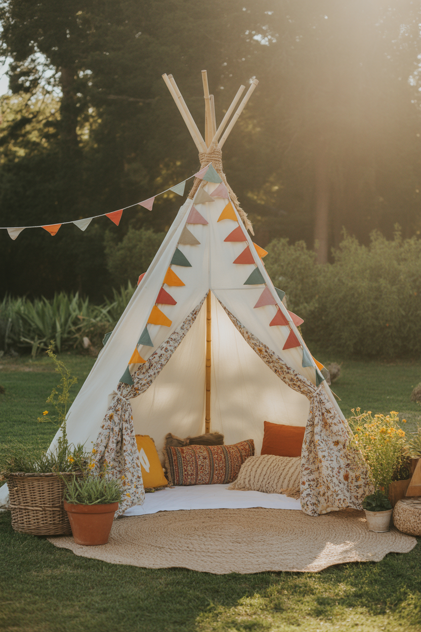 DIY fabric teepee creating a whimsical hideaway in a bohemian garden setting
