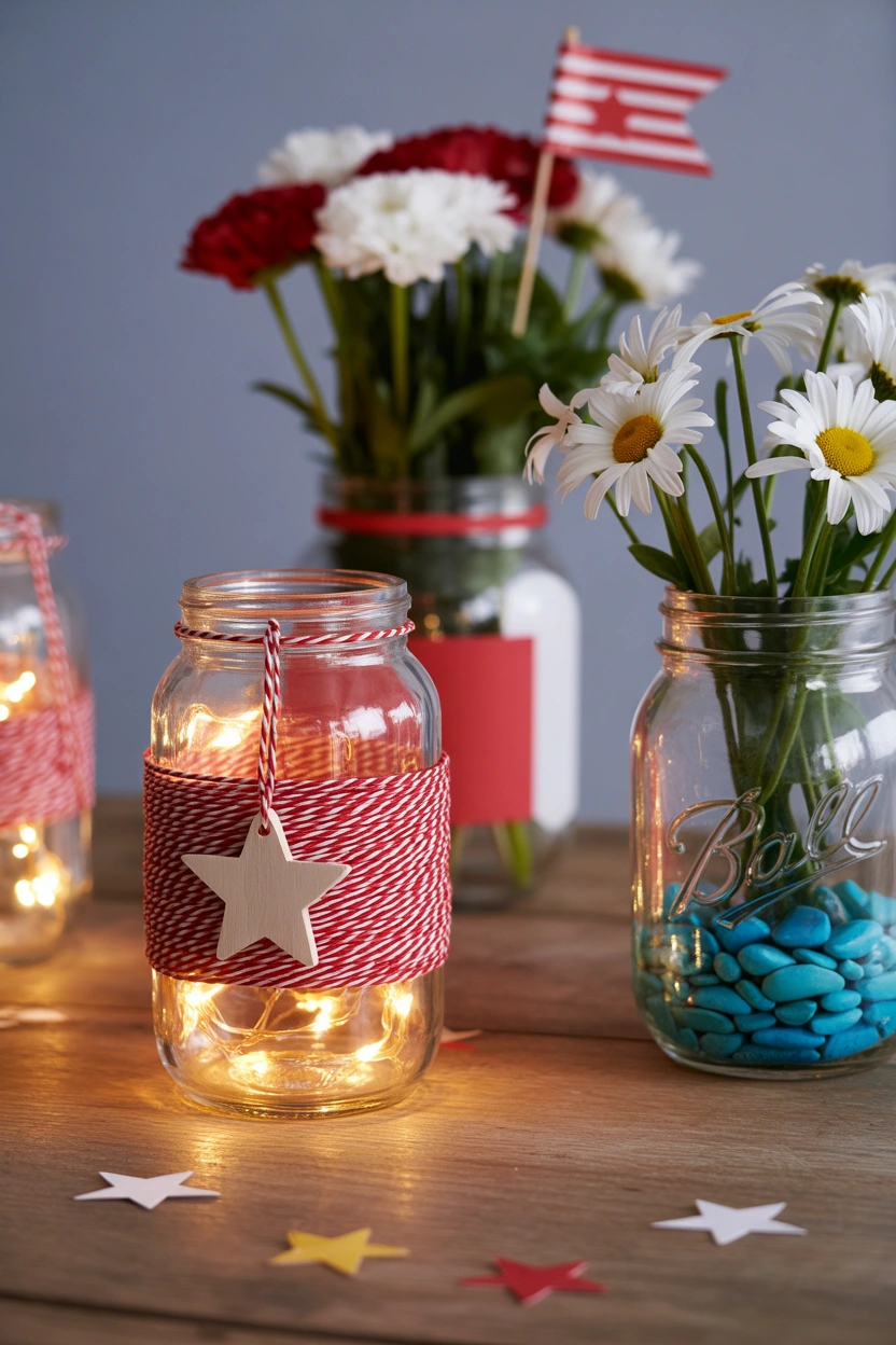 Easy DIY patriotic mason jar centerpieces with twine, flowers, and fairy lights for 4th of July table decor