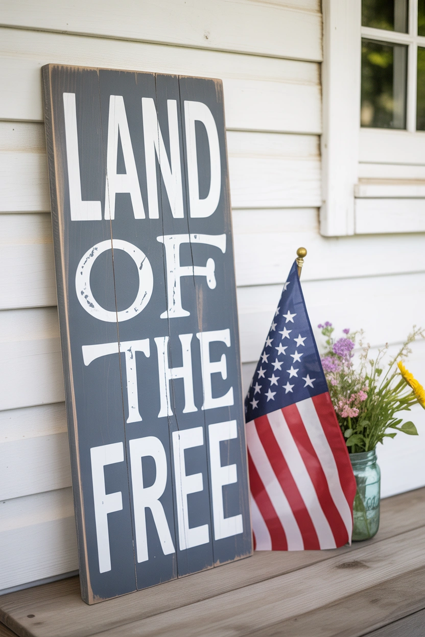 DIY hand-painted patriotic wood sign on a front porch for 4th of July home decor