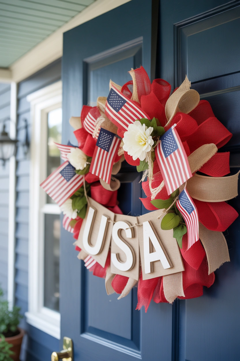 DIY red, white, and blue patriotic wreath on a navy front door for 4th of July decoration