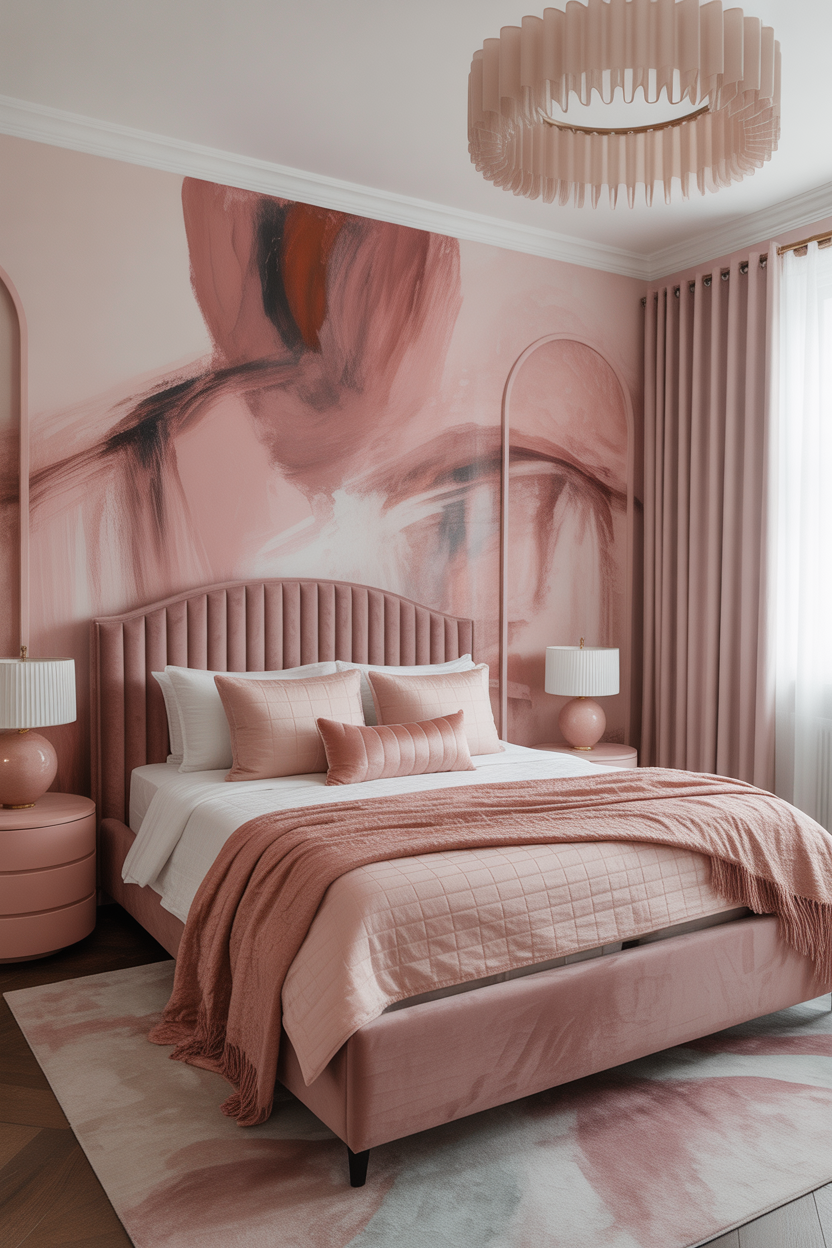 DIY hand-painted pink abstract mural in maximalist bedroom