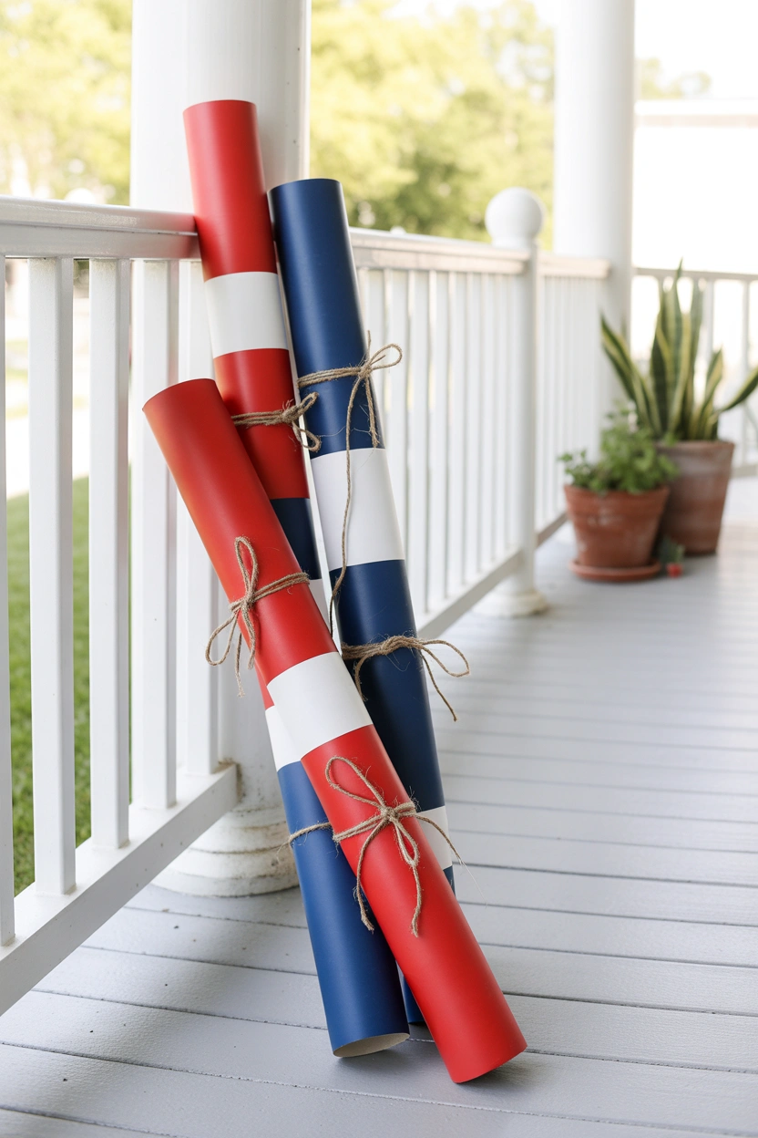 DIY PVC pipe firecrackers in red, white, and blue as a 4th of July front porch decoration