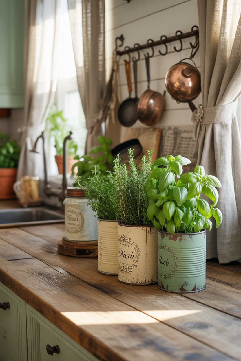 DIY indoor herb garden using painted tin can planters in a rustic kitchen