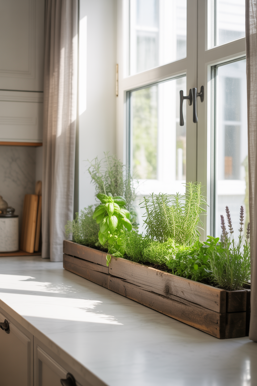 DIY wooden window box herb garden on kitchen windowsill growing six herb varieties in natural sunlight