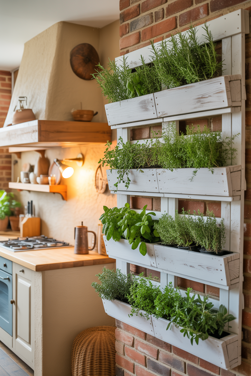 DIY wooden pallet vertical herb garden on farmhouse kitchen wall with rosemary and sage