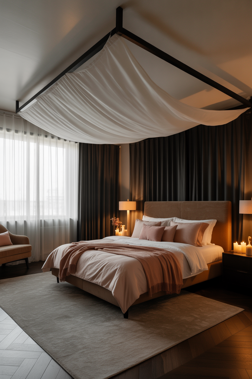 Double-layer canopy bed combining sheer fabric and blackout curtains