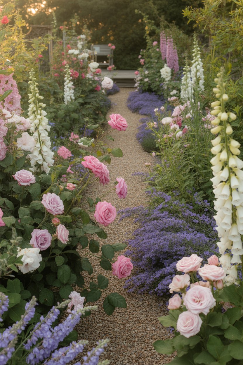 Double-sided cottage garden borders lining both sides of the gravel path with mixed perennial flowers