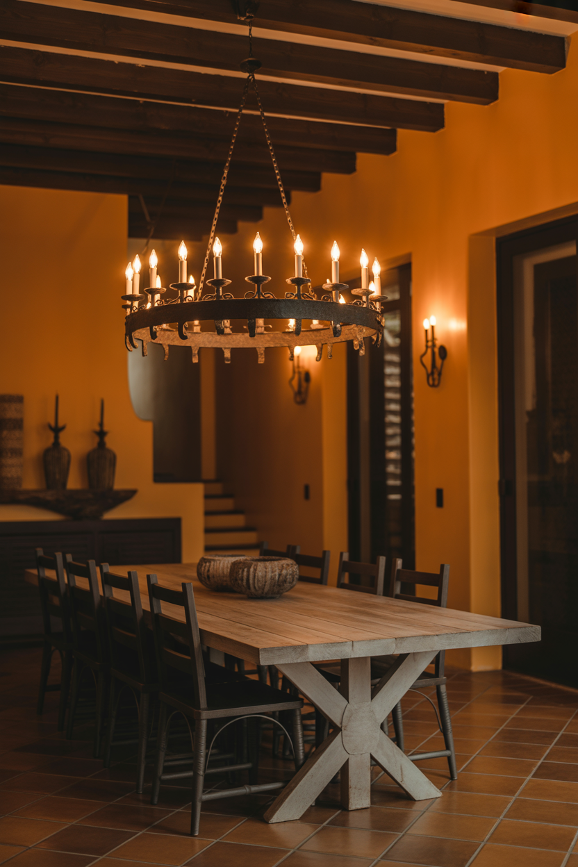 Hand-forged wrought iron chandelier over a rustic Mexican dining table with exposed wood beams and terracotta tile floor
