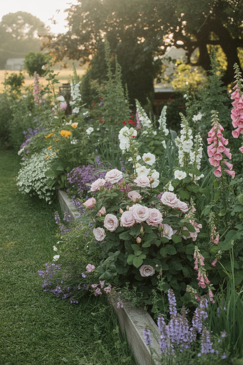 Colorful cottage garden border filled with layered flowers and rustic landscaping ideas for a charming backyard