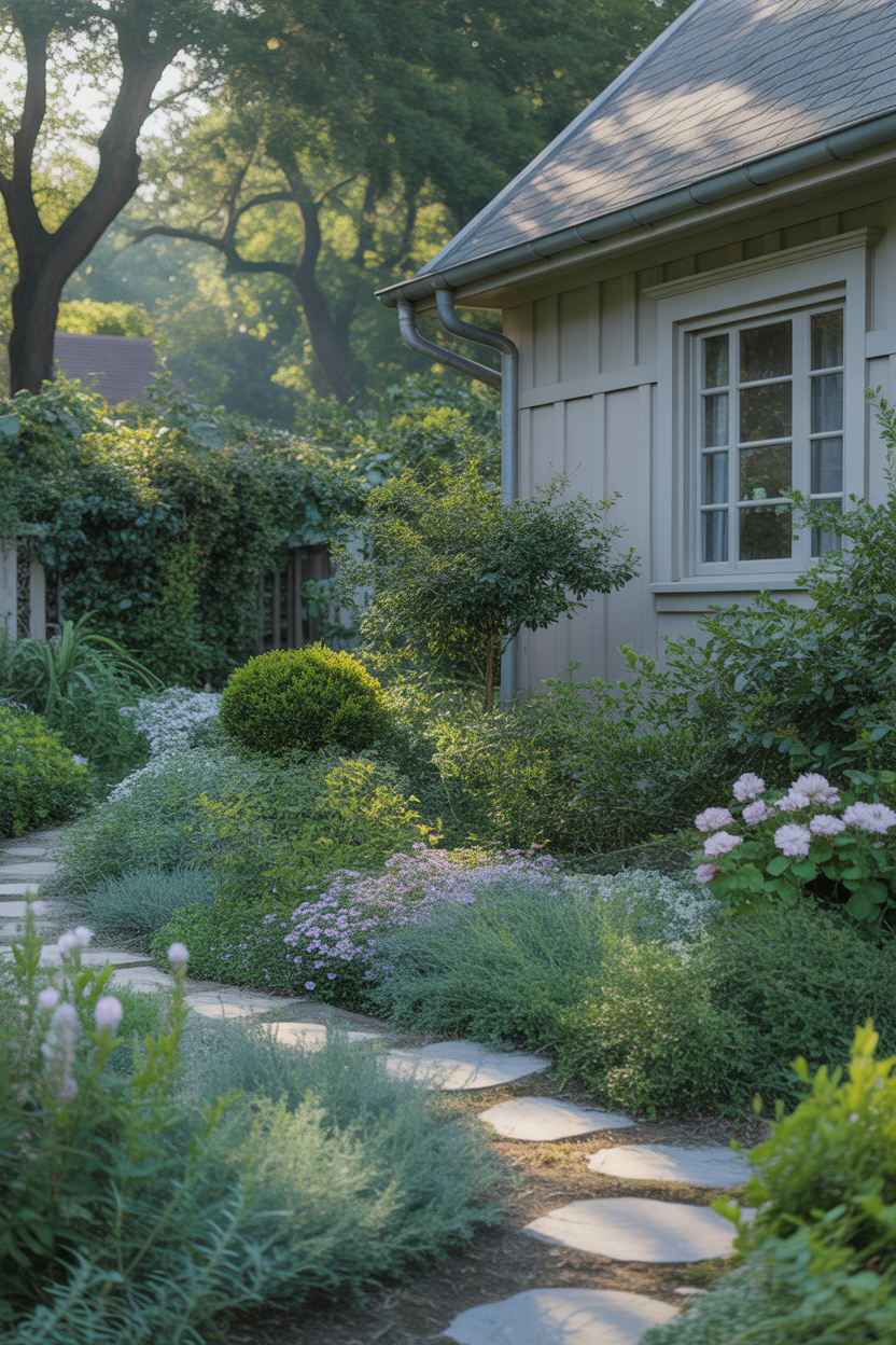 Beautiful cottage garden landscaping with compact shrubs
