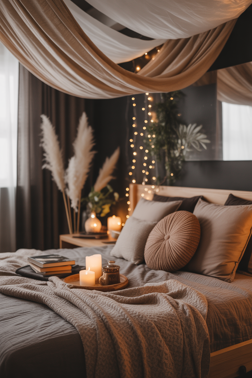 Dreamy DIY canopy bed bedroom inspiration with warm cozy decor and canopy curtains