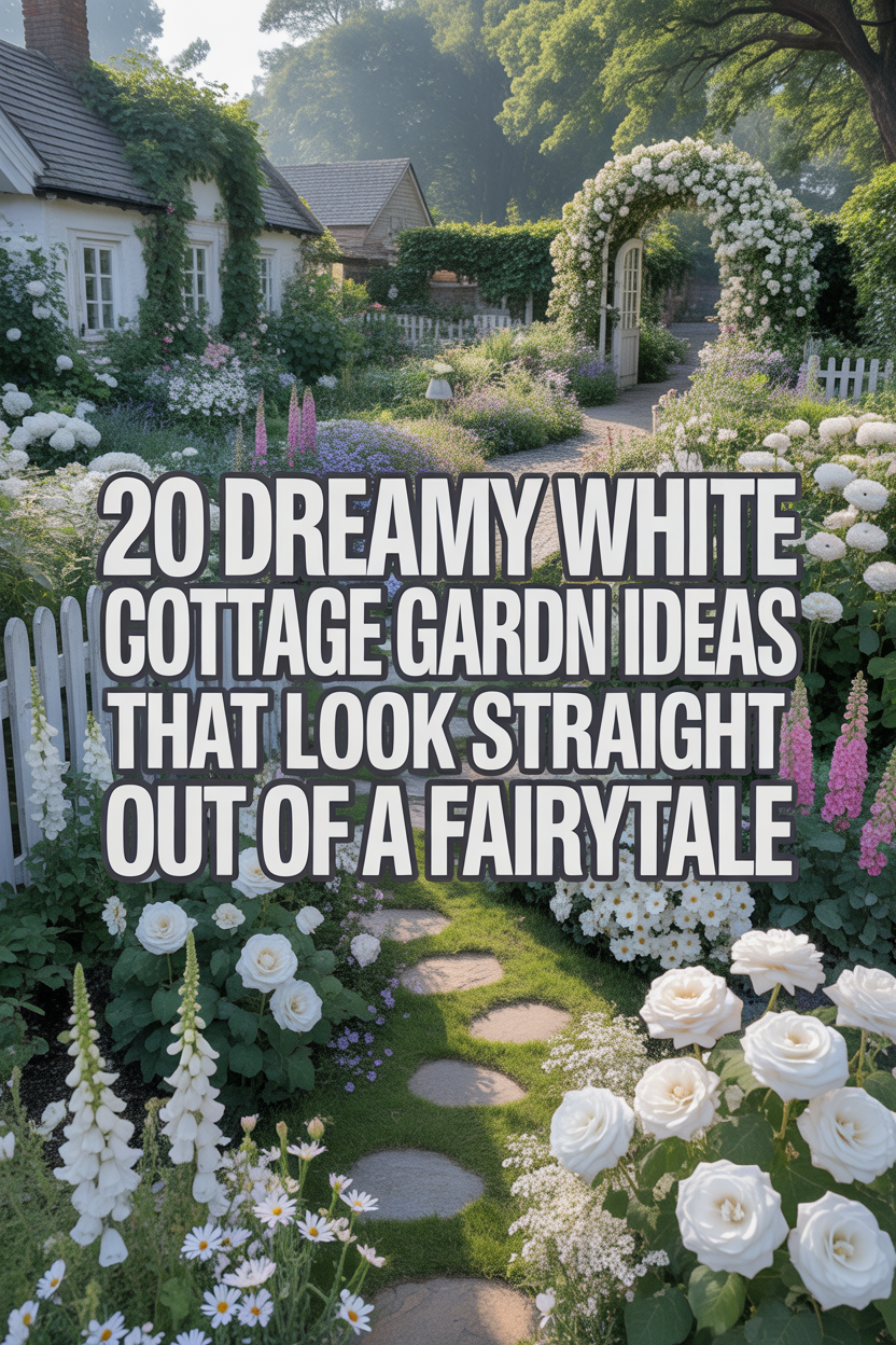 Dreamy white cottage garden with roses, stone pathway, and fairytale-inspired landscaping