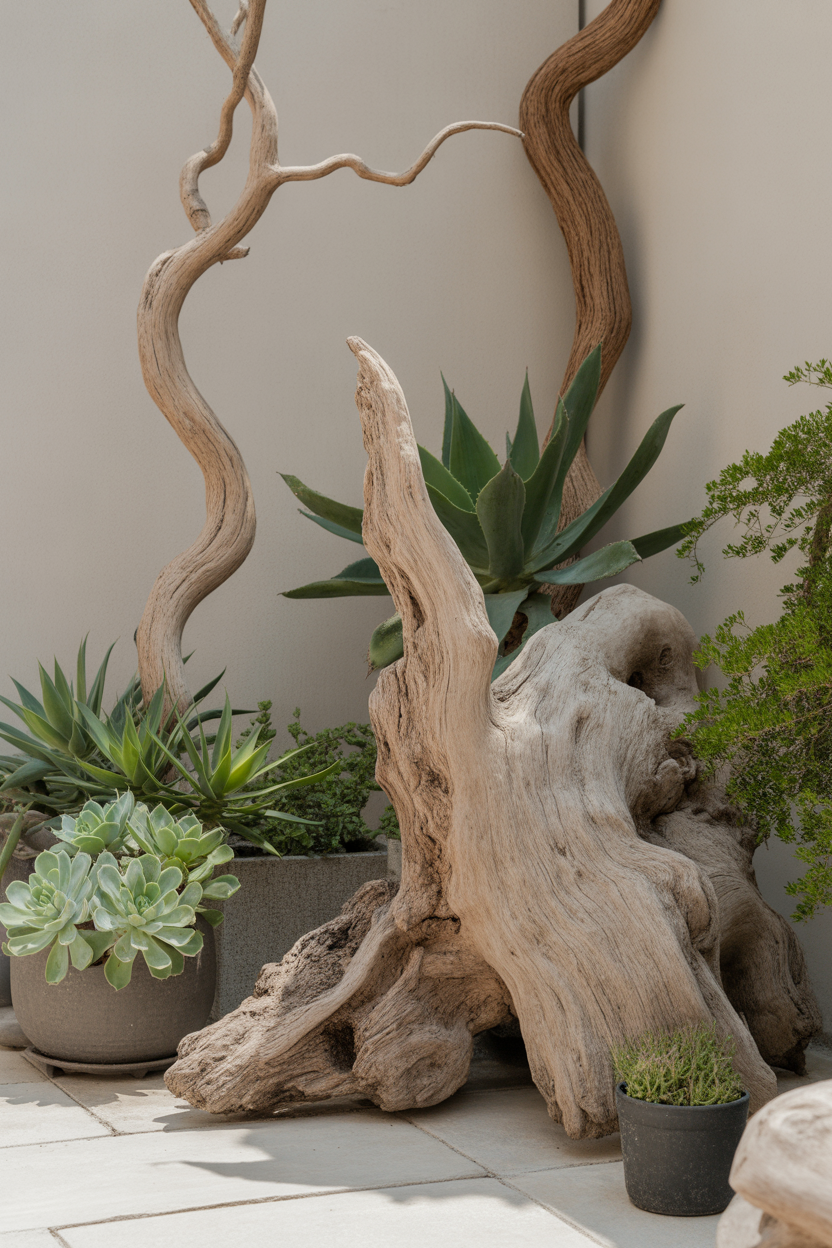 Driftwood and natural branch sculptures as bohemian garden decorative elements