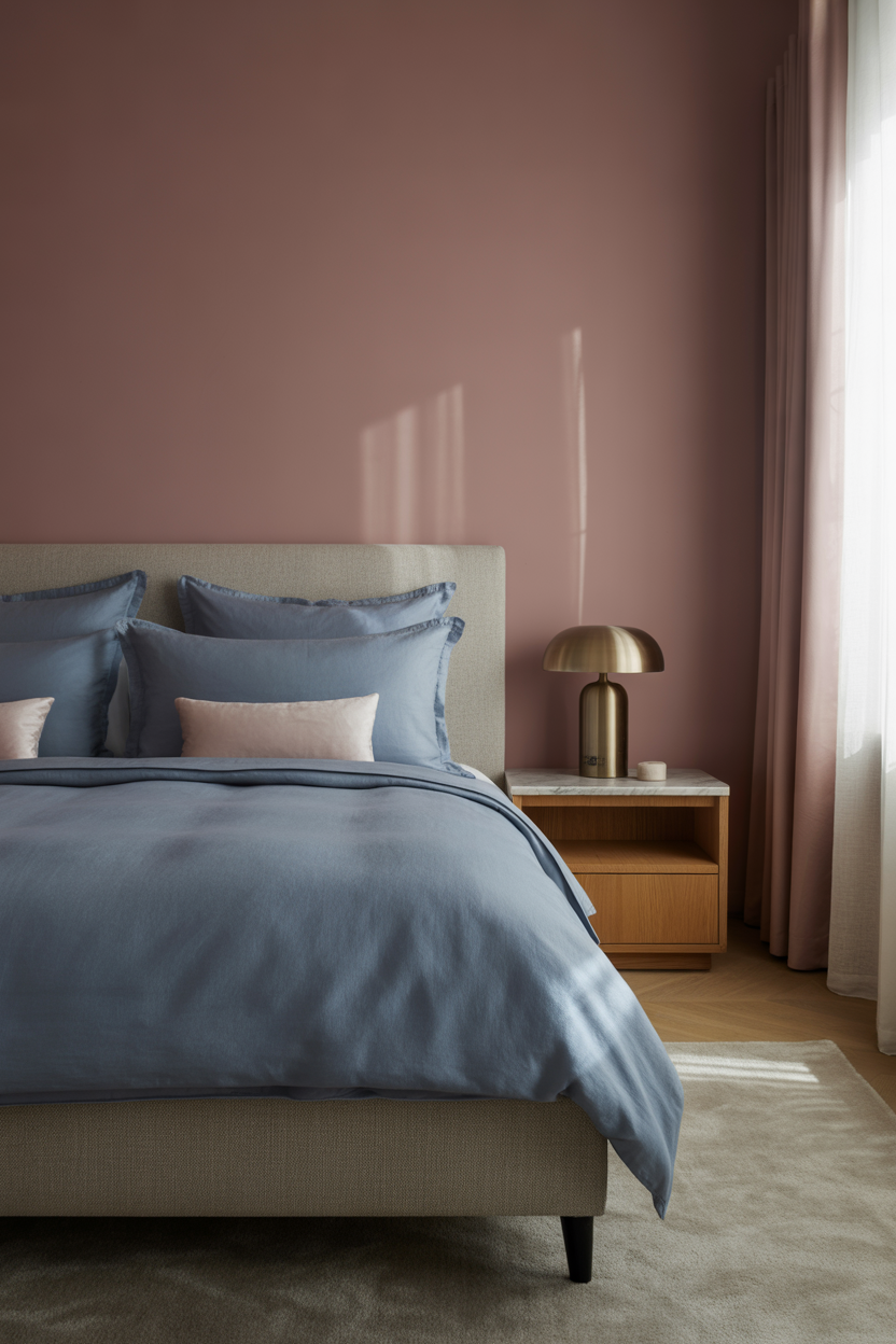 Dusty rose bedroom walls with steel blue linen bedding and white oak furniture — adult pink and blue bedroom idea