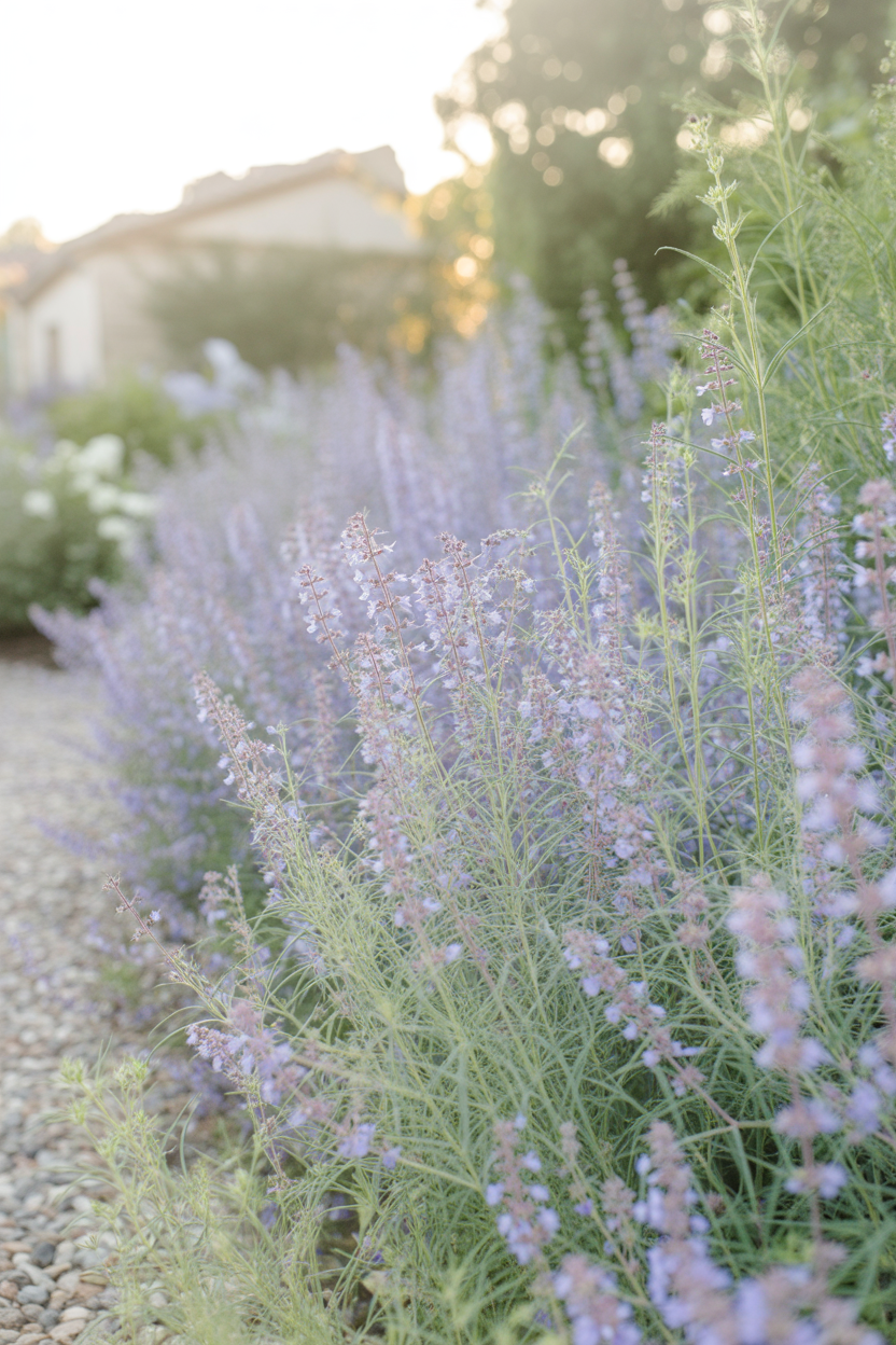 Dwarf Russian sage with purple-blue blooms growing as a low-maintenance low-growing shrub in a sunny front yard