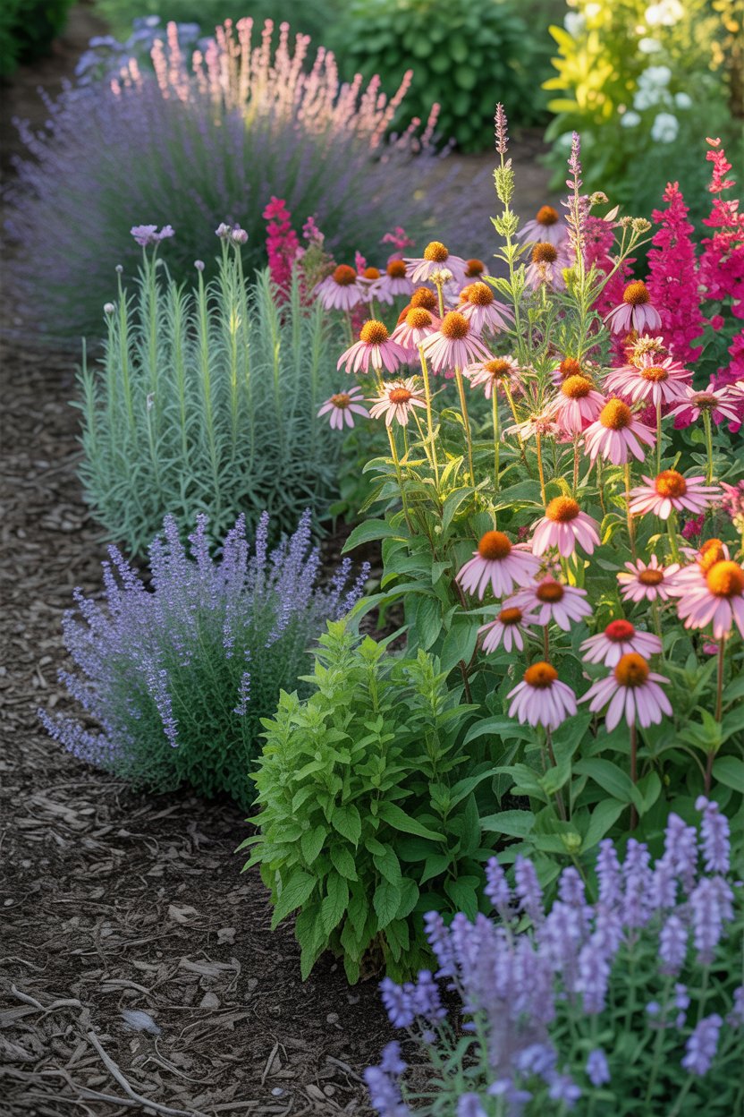 Easy beginner cottage garden flower border with catmint, echinacea, lavender, and salvia