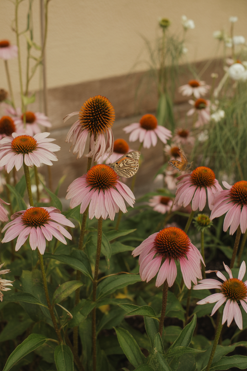 Pink echinacea coneflowers with butterflies in a sunny cottage garden pollinator border